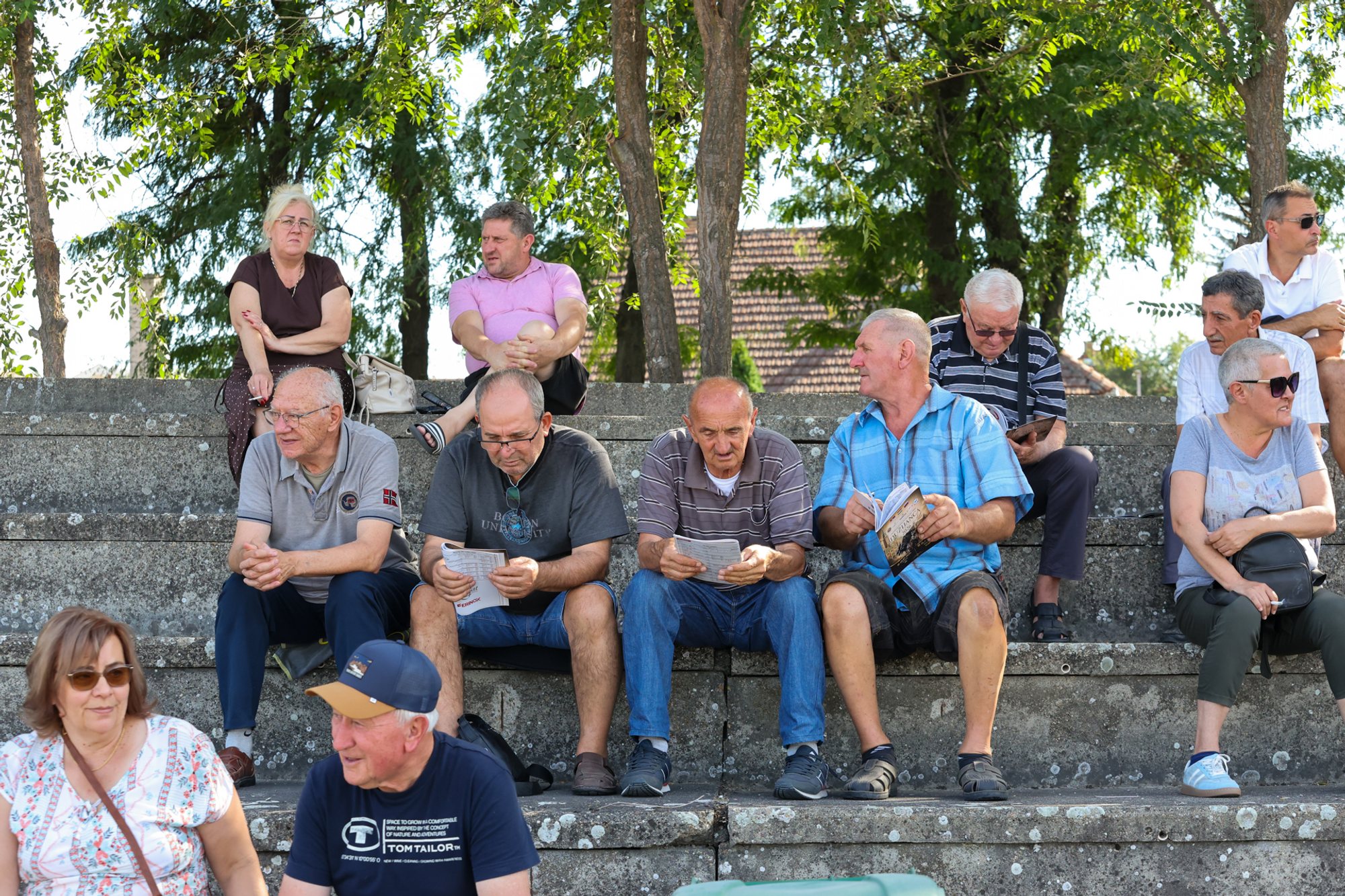 Spectators seated on concrete bleachers under trees; several men are reading race programmes.