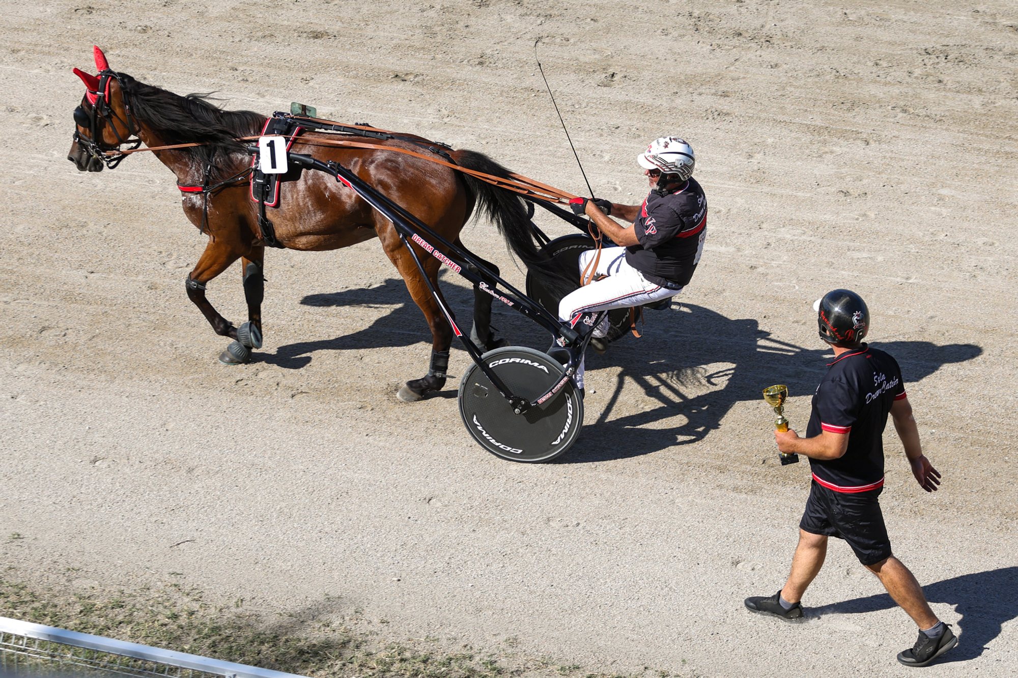 Chestnut trotting horse wearing number 1 pulling a two-wheeled sulky with a helmeted person seated; another person walks alongside on the sandy racetrack holding a cup.
